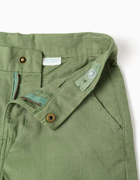 Long Chino Shorts in Linen and Cotton for Boys, Green