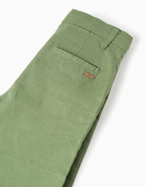 Long Chino Shorts in Linen and Cotton for Boys, Green