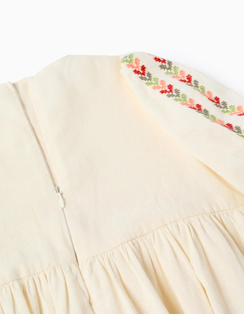 Dress with balloon sleeves and embroidery for girls, light beige