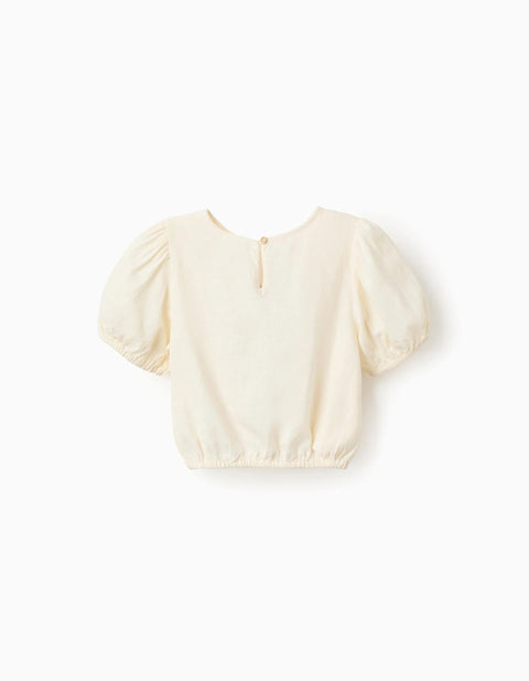 Blouse with balloon sleeves and embroidery for girls, light beige