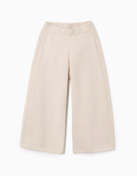 Wide Leg Knitted Trousers B&S for Girls, Light Beige