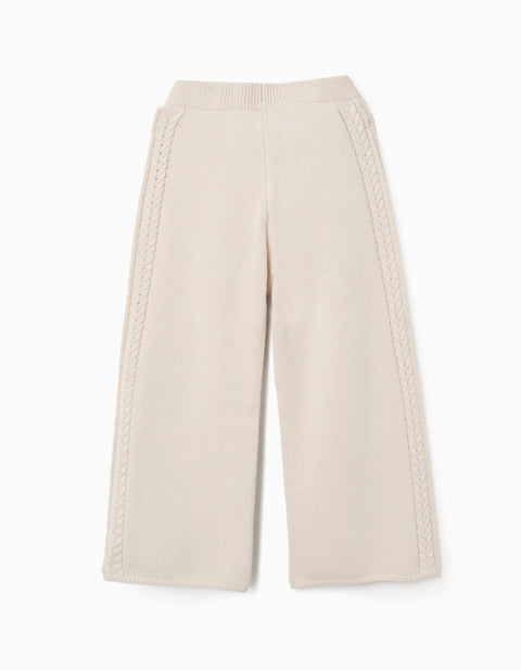 Wide Leg Knitted Trousers B&S for Girls, Light Beige