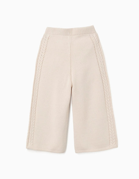 Wide Leg Knitted Trousers B&S for Baby Girls, Light Beige