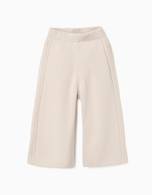 Wide Leg Knitted Trousers B&S for Baby Girls, Light Beige