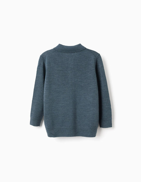 Knitted jumper with polo collar for boys, dark blue