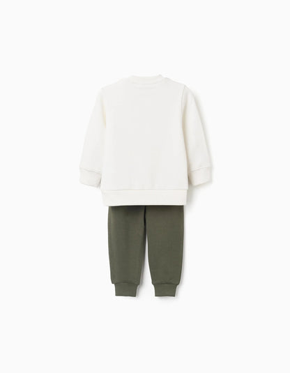 Cotton sweatshirt and trousers set for baby boys, white/dark green