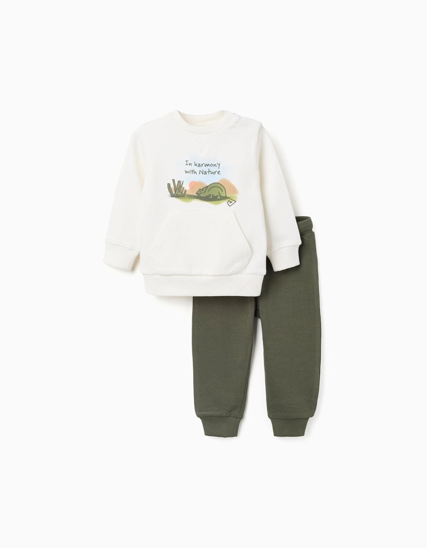 Cotton sweatshirt and trousers set for baby boys, white/dark green