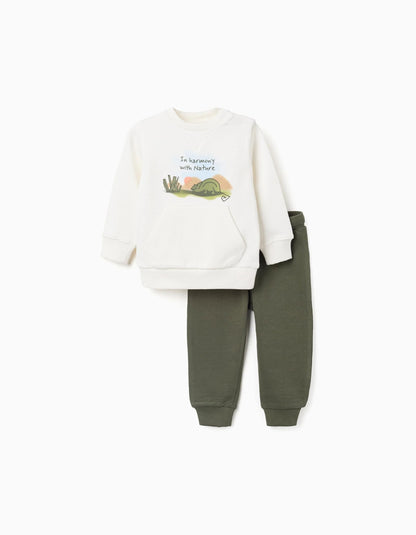 Cotton sweatshirt and trousers set for baby boys, white/dark green