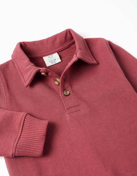 Cotton Sweatshirt with Polo Collar for Baby Boys, Brown