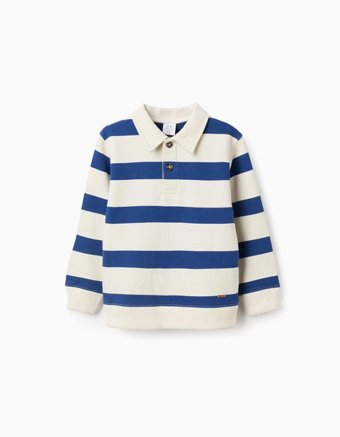 Striped Cotton Sweatshirt with Polo Collar for Boys, White/Blue