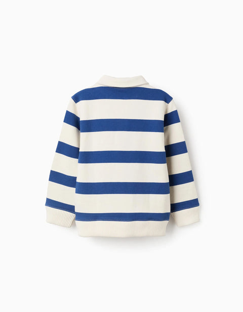 Striped Cotton Sweatshirt with Polo Collar for Boys, White/Blue