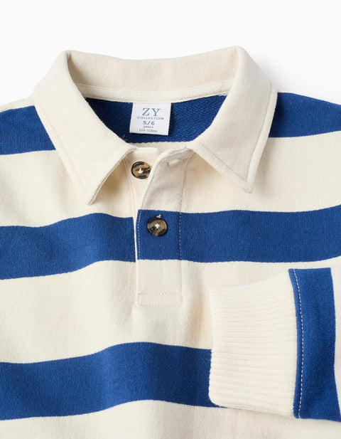 Striped Cotton Sweatshirt with Polo Collar for Boys, White/Blue