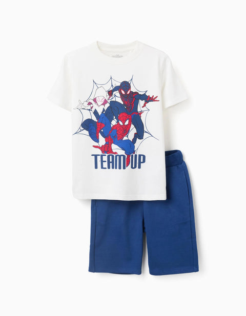 Cotton T-Shirt and Shorts Set with Spider-Man Print for Boys, White/Blue