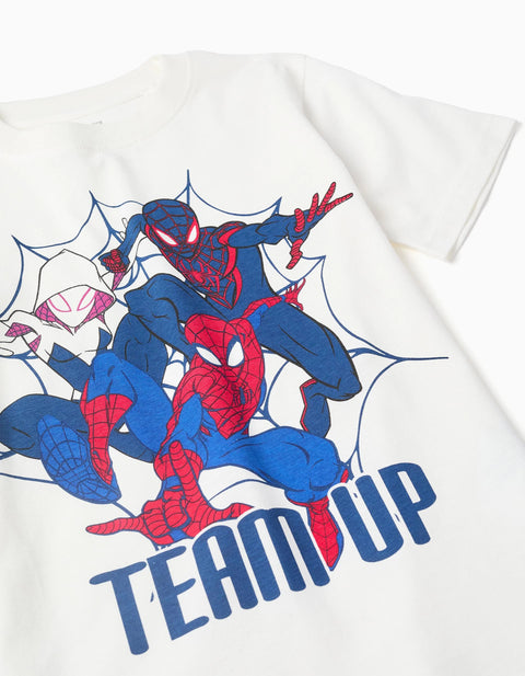 Cotton T-Shirt and Shorts Set with Spider-Man Print for Boys, White/Blue