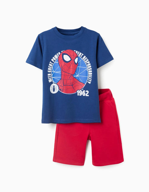 Cotton T-Shirt and Shorts Set with Spider-Man Print for Boys, Blue/Red