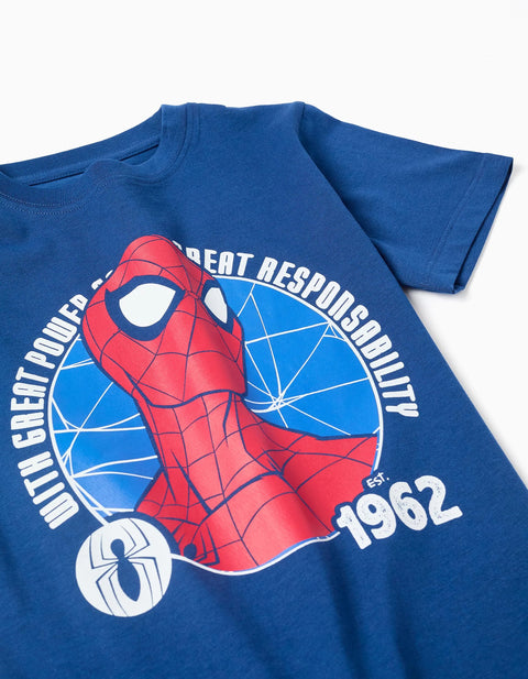 Cotton T-Shirt and Shorts Set with Spider-Man Print for Boys, Blue/Red