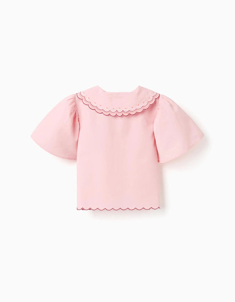 Poplin Shirt with Scalloped and Embroidered Collar for Girls, Pink