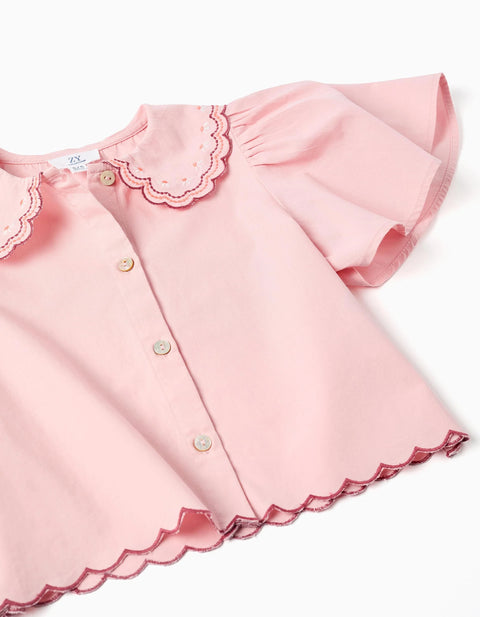 Poplin Shirt with Scalloped and Embroidered Collar for Girls, Pink