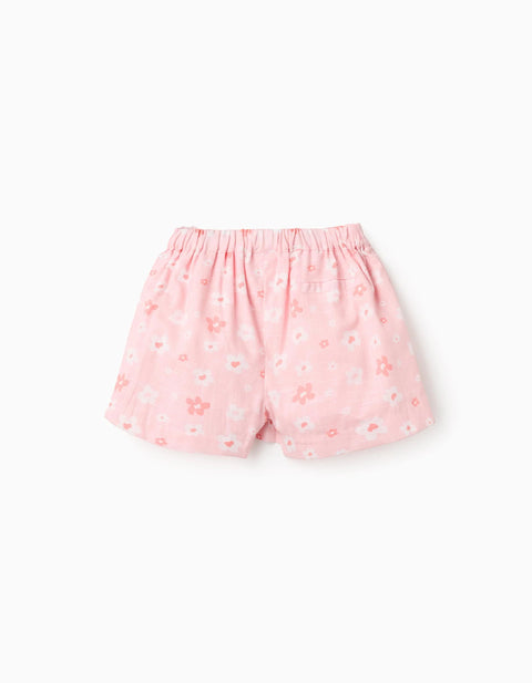 Cotton Skort with Floral Motif and Bow for Girls, Light Pink
