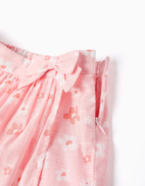 Cotton Skort with Floral Motif and Bow for Girls, Light Pink