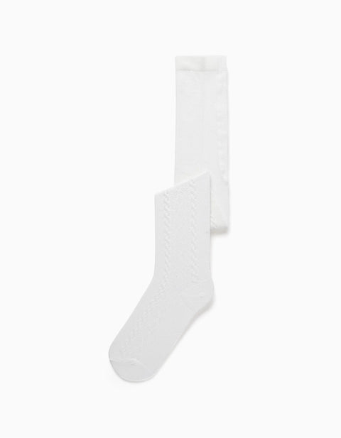 Knitted tights with jacquard for girls, white