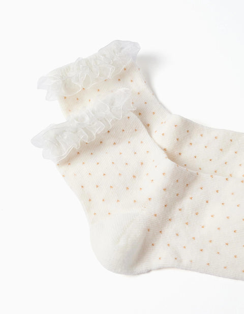 Crew socks with polka dots and ruffles for girls, white