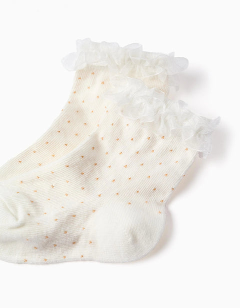 Crew socks with polka dots and ruffles for baby girls, white