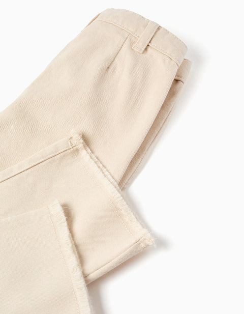 Flared twill trousers with embroidery for baby girls, light beige