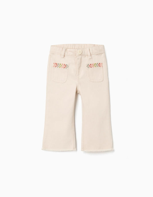 Flared twill trousers with embroidery for baby girls, light beige