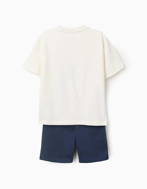 Cotton T-Shirt and Shorts Set with Sonic Print for Boys, White/Blue