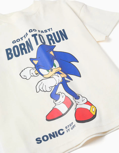 Cotton T-Shirt and Shorts Set with Sonic Print for Boys, White/Blue