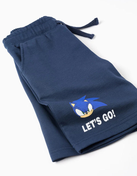 Cotton T-Shirt and Shorts Set with Sonic Print for Boys, White/Blue
