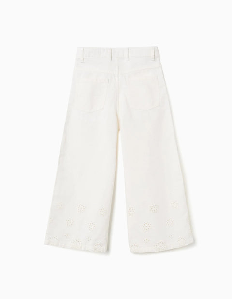 Wide Leg Twill Trousers with Broderie Anglaise for Girls, Light Beige