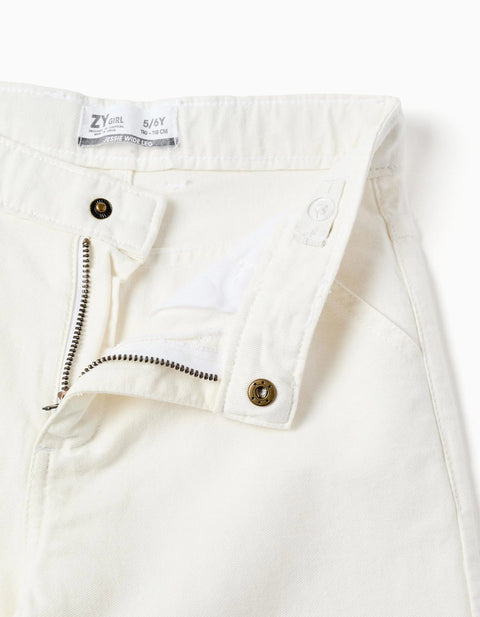 Wide Leg Twill Trousers with Broderie Anglaise for Girls, Light Beige
