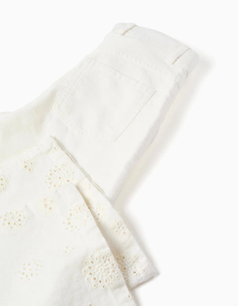 Wide Leg Twill Trousers with Broderie Anglaise for Girls, Light Beige