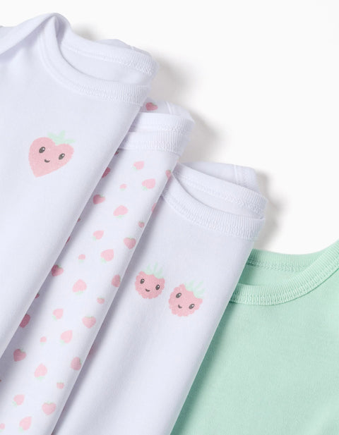 4 Cotton Bodysuits with Strawberries for Newborn and Baby Girls, Multicolour