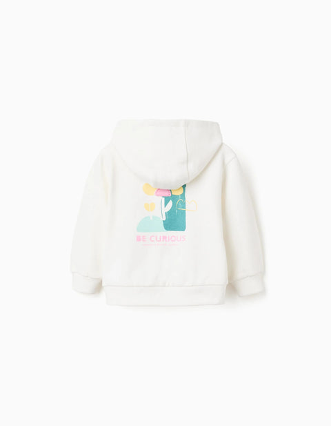 Cotton hooded jacket with floral prints for baby girls, white