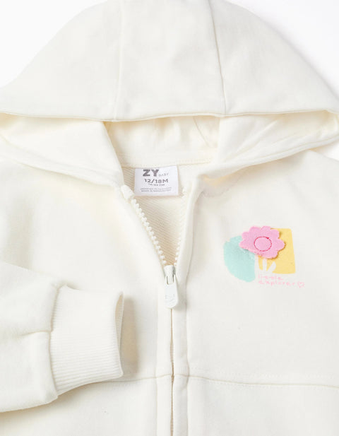 Cotton hooded jacket with floral prints for baby girls, white