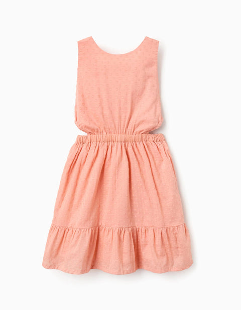 Cotton Swiss Dot Dress with Cut-Outs for Girls, Salmon Orange
