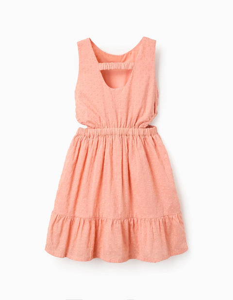 Cotton Swiss Dot Dress with Cut-Outs for Girls, Salmon Orange