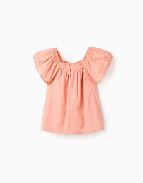 Cotton Swiss Dot Top with Square Neck for Girls, Salmon Orange