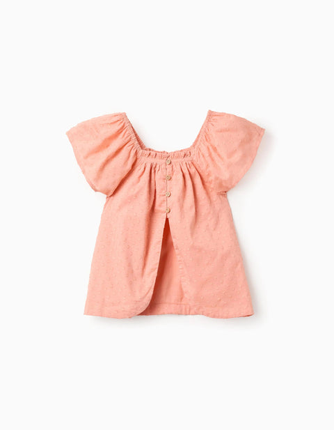 Cotton Swiss Dot Top with Square Neck for Girls, Salmon Orange