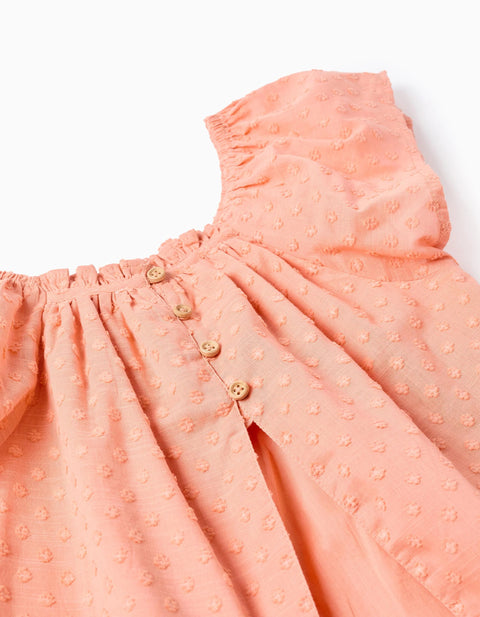 Cotton Swiss Dot Top with Square Neck for Girls, Salmon Orange