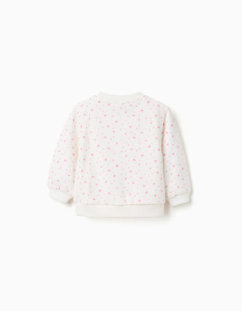 Cotton Sweatshirt with Floral Motif for Baby Girls, White/Pink