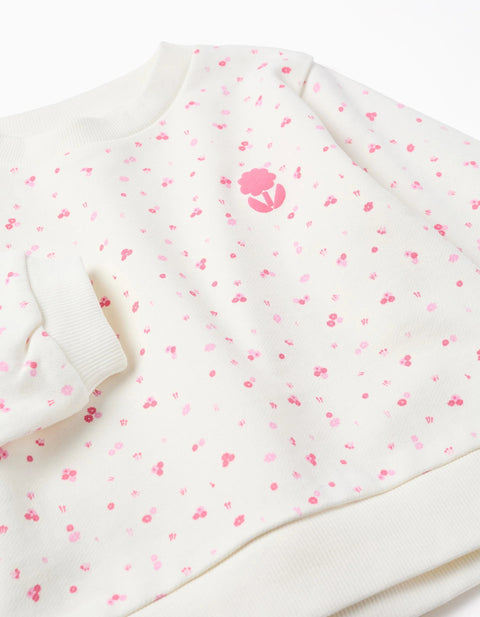 Cotton Sweatshirt with Floral Motif for Baby Girls, White/Pink