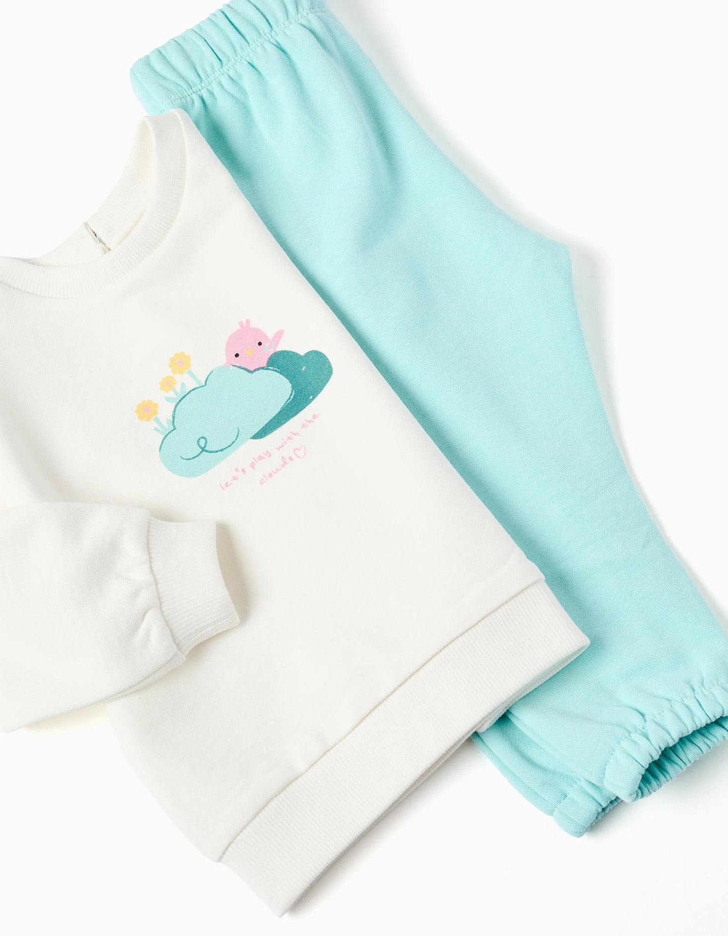Cotton sweatshirt and trousers set for baby girls, white/light blue