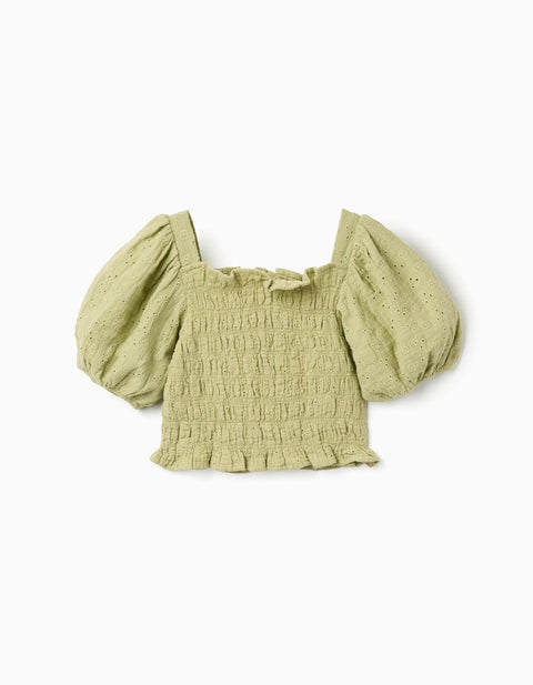 Cotton Top in Broderie Anglaise with Balloon Sleeves for Girls, Green