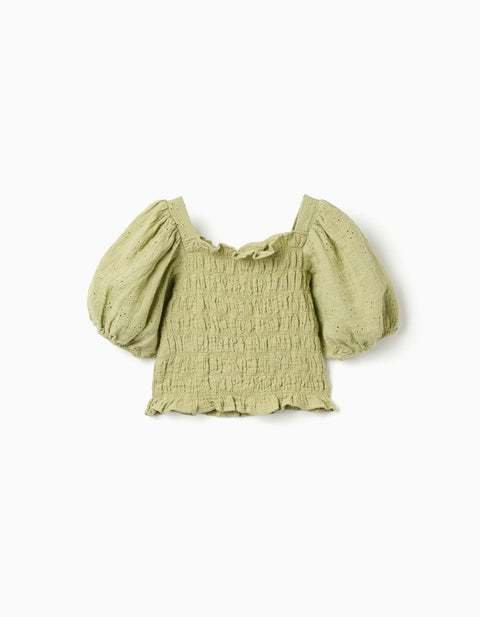 Cotton Top in Broderie Anglaise with Balloon Sleeves for Girls, Green