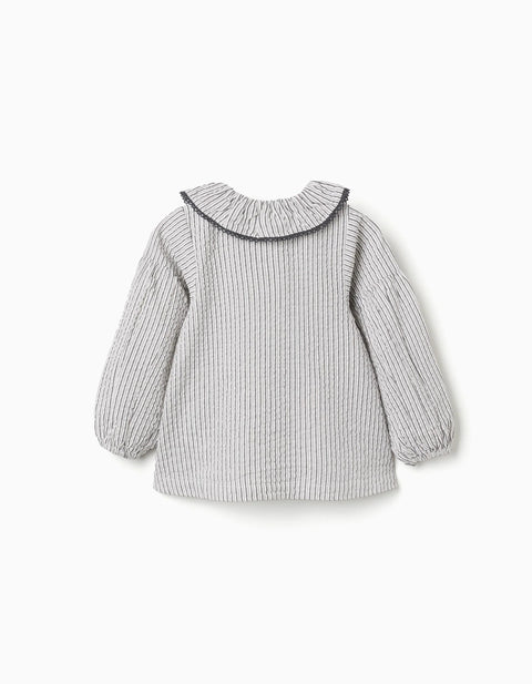 Striped Cotton Blouse with Ruffled Collar B&S for Girls, White/Grey