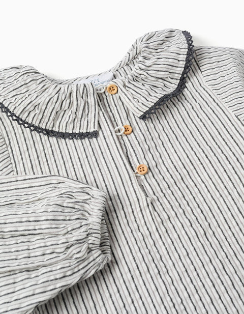 Striped Cotton Blouse with Ruffled Collar B&S for Girls, White/Grey